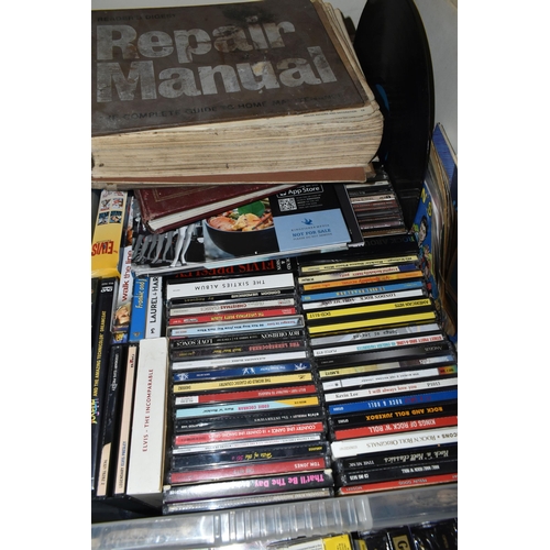 449 - FIVE BOXES OF VHS VIDEO CASSETTES AND CDs, over one hundred CDs, artists include Elvis, Roy Orbison,... 