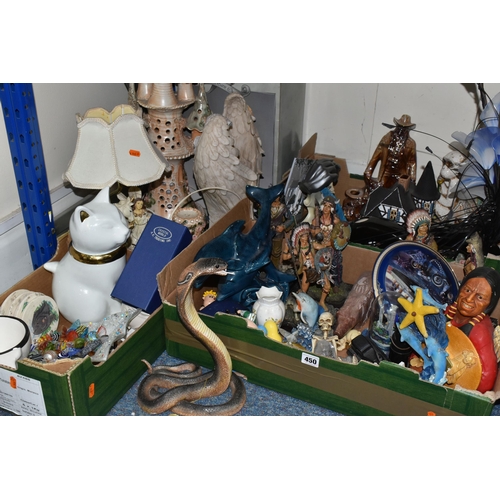 450 - THREE BOXES OF ART POTTERY TABLE LAMPS AND ASSORTED ORNAMENTS, to include two electric Art Pottery t... 