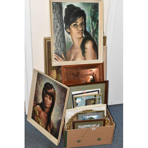 452 - A BOX AND FIVE LOOSE SECOND HALF 20TH CENTURY PAINTINGS AND PRINTS, including two J. H. Lynch portra... 