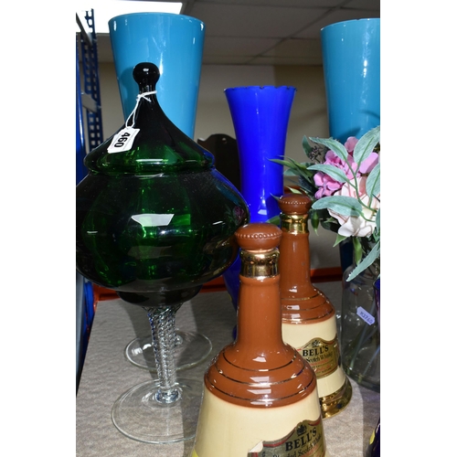 460 - A GROUP OF GLASSWARE AND BELL'S WHISKY DECANTERS, to include an Empoli-style green glass bonbon dish... 