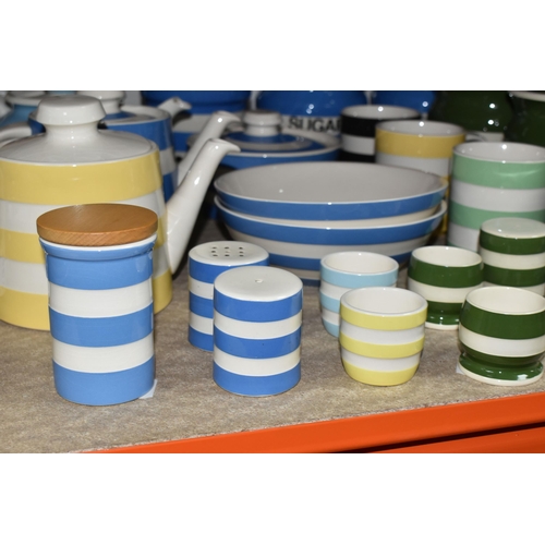 461 - A GROUP OF TG GREEN CORNISHWARE, comprising blue striped 'Sugar' and 'Coffee' canisters, a smaller u... 