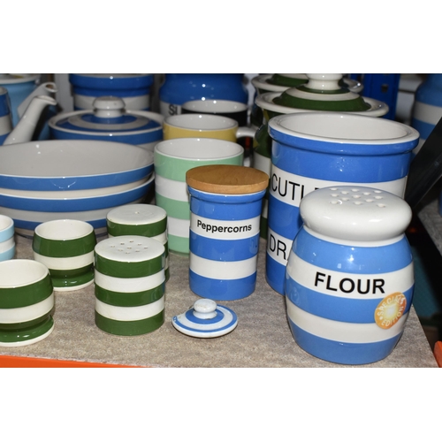 461 - A GROUP OF TG GREEN CORNISHWARE, comprising blue striped 'Sugar' and 'Coffee' canisters, a smaller u... 