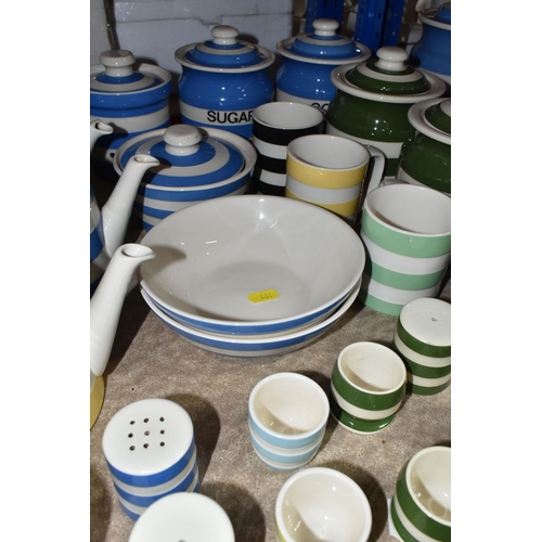 461 - A GROUP OF TG GREEN CORNISHWARE, comprising blue striped 'Sugar' and 'Coffee' canisters, a smaller u... 