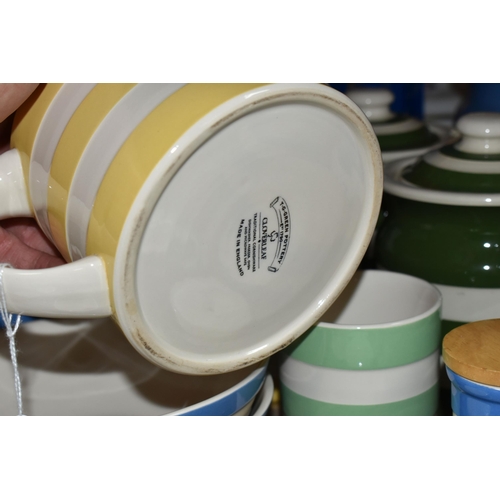 461 - A GROUP OF TG GREEN CORNISHWARE, comprising blue striped 'Sugar' and 'Coffee' canisters, a smaller u... 