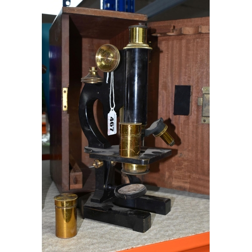 467 - A VICTORIAN MICROSCOPE AND AN OAK SMOKER'S CABINET, comprising a wooden cased microscope with two le... 