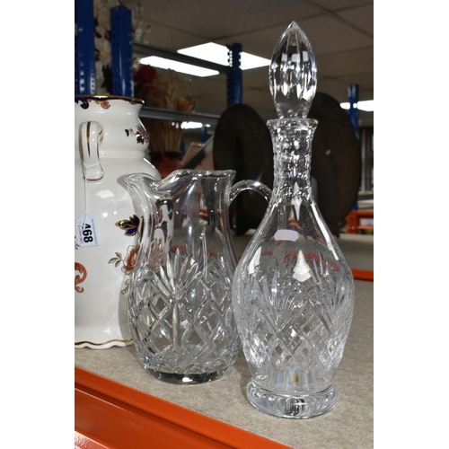 468 - A LARGE MASON'S 'MANDALAY' PATTERN VASE AND THREE DECANTERS, comprising a two handled Mason's 'Manda... 