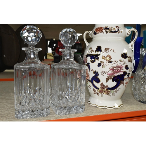 468 - A LARGE MASON'S 'MANDALAY' PATTERN VASE AND THREE DECANTERS, comprising a two handled Mason's 'Manda... 