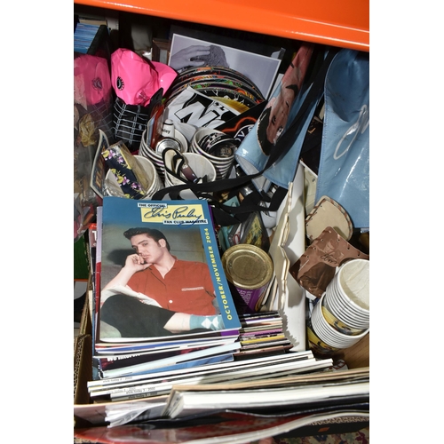 471 - FOUR BOXES OF 'ELVIS' THEMED BOOKS, PICTURES AND SUNDRIES, to include a collection of late 1960s and... 