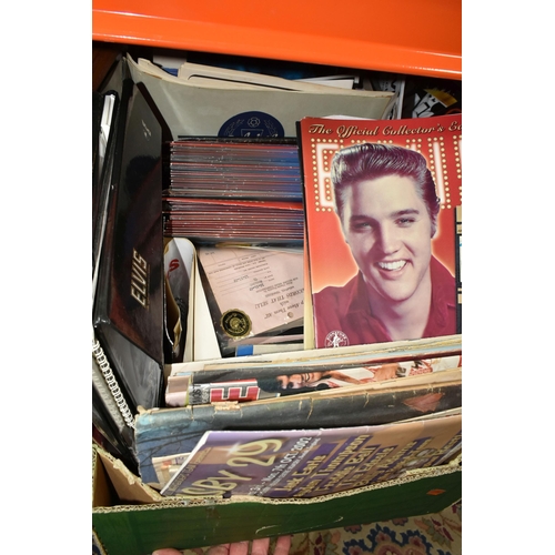 471 - FOUR BOXES OF 'ELVIS' THEMED BOOKS, PICTURES AND SUNDRIES, to include a collection of late 1960s and... 