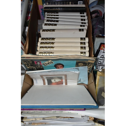 473 - FOUR BOXES OF ROCK AND ROLL THEMED BOOKS, EPHEMERA AND SUNDRIES, to include a collection of ten Orbi... 