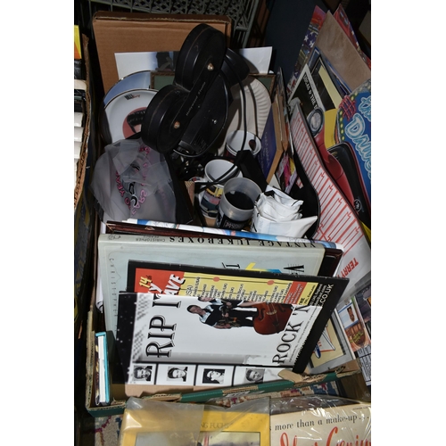 473 - FOUR BOXES OF ROCK AND ROLL THEMED BOOKS, EPHEMERA AND SUNDRIES, to include a collection of ten Orbi... 