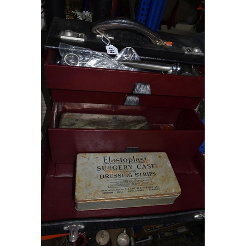 474 - TWO MEDICAL CASES, A FIRST AID TIN AND VINTAGE MEDICAL EQUIPMENT, comprising a green metal 'First Ai... 