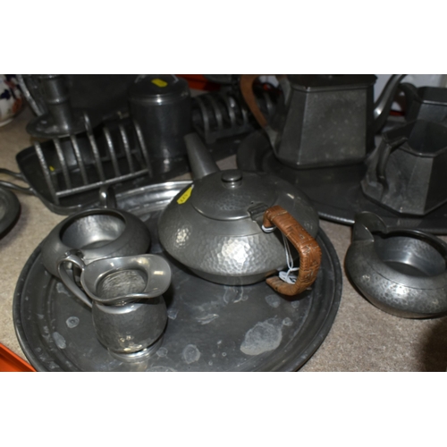 477 - A COLLECTION OF ARTS & CRAFTS PEWTER TEAWARE, comprising a Todrick Pewter Ware teapot stamped 1537, ... 