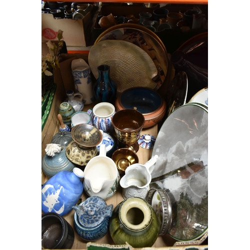 479 - FOUR BOXES OF CERAMICS AND ART POTTERY, to include a Staffordshire 'Chef Ware' vinegar decanter, a B... 