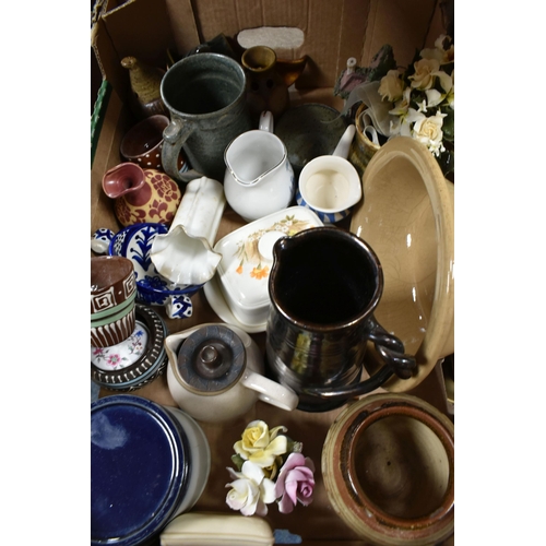 479 - FOUR BOXES OF CERAMICS AND ART POTTERY, to include a Staffordshire 'Chef Ware' vinegar decanter, a B... 