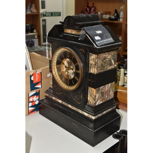 513 - A NINETEENTH CENTURY BLACK SLATE AND MARBLE MANTEL CLOCK, the case of architectural form, with broco... 