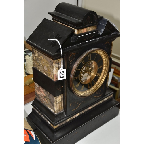 513 - A NINETEENTH CENTURY BLACK SLATE AND MARBLE MANTEL CLOCK, the case of architectural form, with broco... 