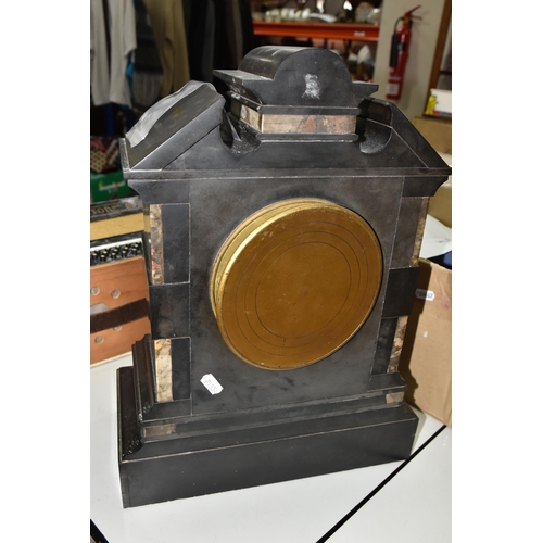 513 - A NINETEENTH CENTURY BLACK SLATE AND MARBLE MANTEL CLOCK, the case of architectural form, with broco... 