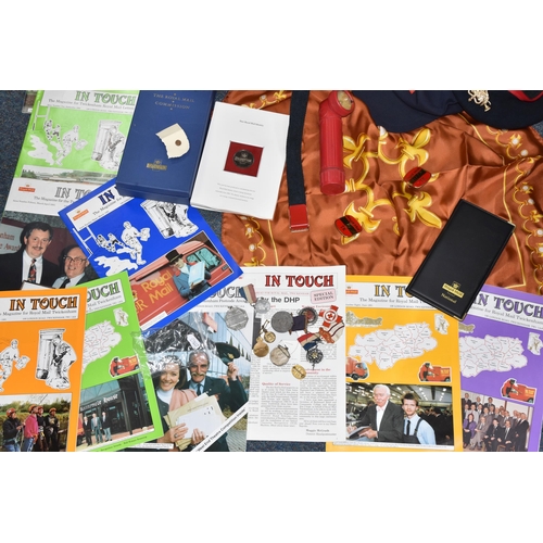 516 - A BOX OF ROYAL MAIL RELATED ITEMS AND COMMEMORATIVE MEDALS ETC, to include Royal Mail postman's badg... 