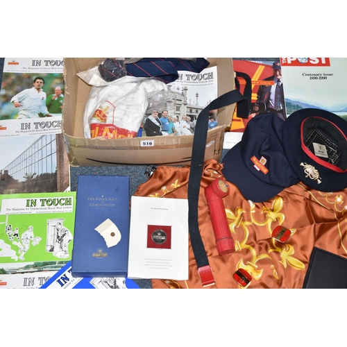 516 - A BOX OF ROYAL MAIL RELATED ITEMS AND COMMEMORATIVE MEDALS ETC, to include Royal Mail postman's badg... 