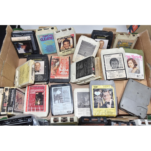 518 - A BOX OF EIGHT TRACK TAPES AND CAR EIGHT TRACK PLAYER, comprising a boxed Sharp '8-Track Cartridge C... 