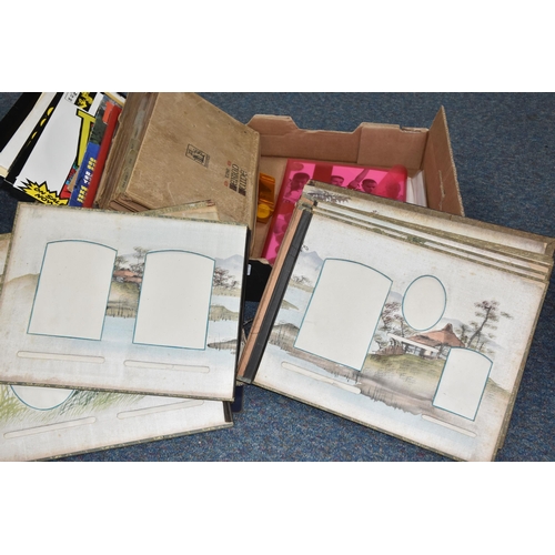 519 - A BOX OF EPHEMERA, RECORDS, PHOTOGRAPH ALBUM AND SUNDRY ITEMS, to include an empty Japanese black la... 