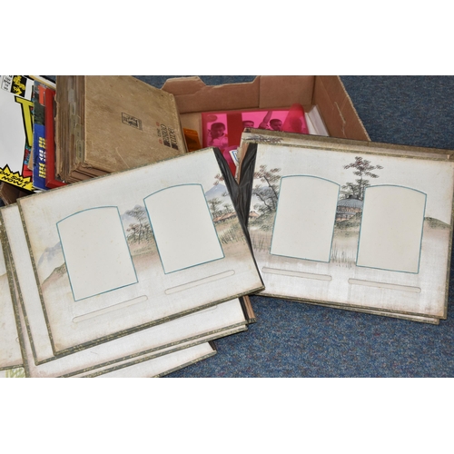 519 - A BOX OF EPHEMERA, RECORDS, PHOTOGRAPH ALBUM AND SUNDRY ITEMS, to include an empty Japanese black la... 