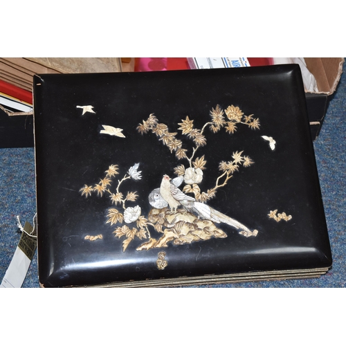 519 - A BOX OF EPHEMERA, RECORDS, PHOTOGRAPH ALBUM AND SUNDRY ITEMS, to include an empty Japanese black la... 