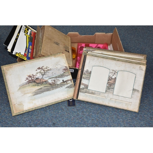 519 - A BOX OF EPHEMERA, RECORDS, PHOTOGRAPH ALBUM AND SUNDRY ITEMS, to include an empty Japanese black la... 