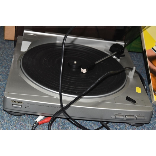 520 - THREE BOXES AND LOOSE RECORDS AND TURNTABLE, comprising an Aiwa Stereo Full Automatic Turntable Syst... 