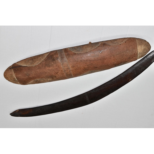 529 - AN EARLY ABORIGINAL WOODEN HAND SHIELD, carved decoration to the front ends, sides and middle, carve... 