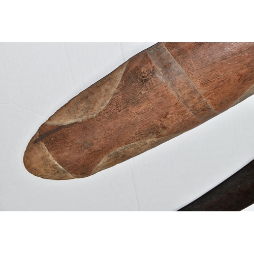 529 - AN EARLY ABORIGINAL WOODEN HAND SHIELD, carved decoration to the front ends, sides and middle, carve... 