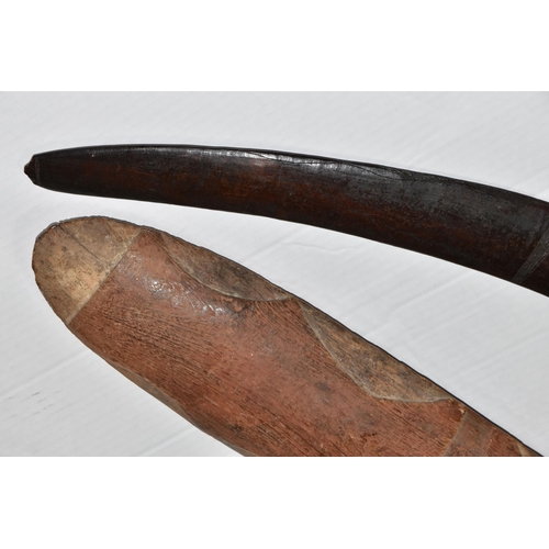 529 - AN EARLY ABORIGINAL WOODEN HAND SHIELD, carved decoration to the front ends, sides and middle, carve... 