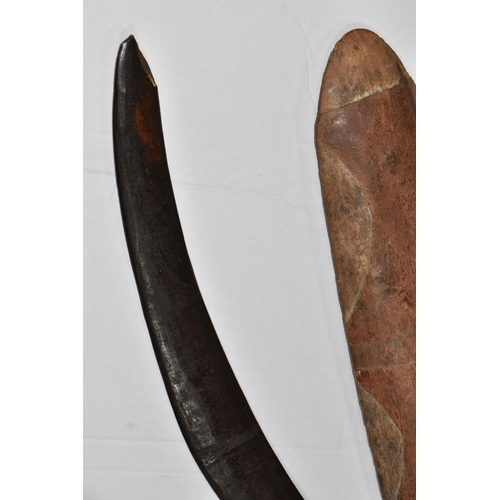 529 - AN EARLY ABORIGINAL WOODEN HAND SHIELD, carved decoration to the front ends, sides and middle, carve... 