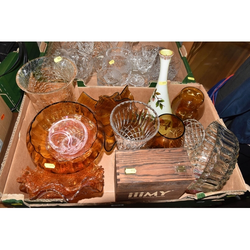 552 - TWO BOXES OF GLASSWARE, including Whisky Stones and Glasses gift set, glass dressing table trinket p... 