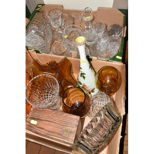 552 - TWO BOXES OF GLASSWARE, including Whisky Stones and Glasses gift set, glass dressing table trinket p... 