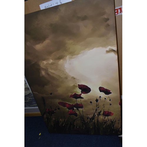 561 - A THREE SECTION BOX CANVAS WALL ART PRINT OF POPPIES AGAINST A NIGHT SKY, 100cm x 65.5cm, with two c... 