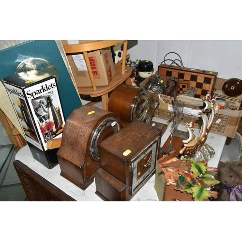 571 - ONE BOX AND LOOSE MISCELLANEOUS SUNDRIES to include three mantel clocks including a W. Greenwood and... 