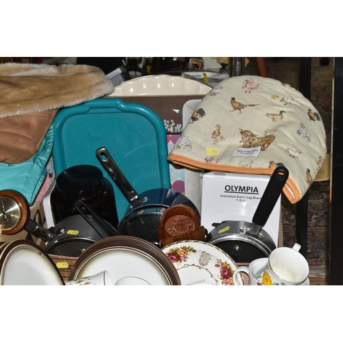 575 - THREE BOXES AND LOOSE HOMEWARE AND CERAMICS, to include a selection of plates and mugs, vintage Gree... 