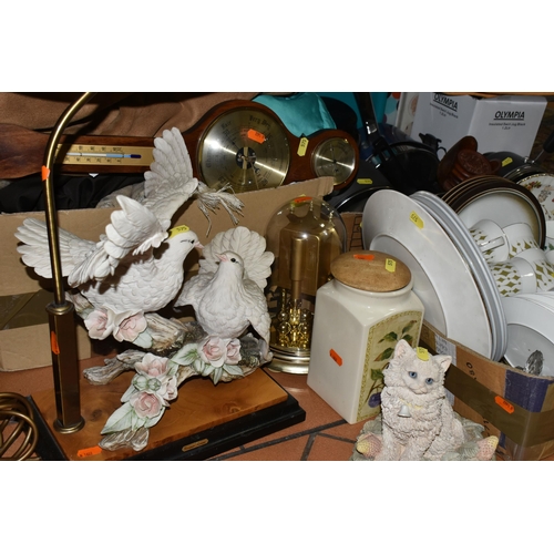 575 - THREE BOXES AND LOOSE HOMEWARE AND CERAMICS, to include a selection of plates and mugs, vintage Gree... 