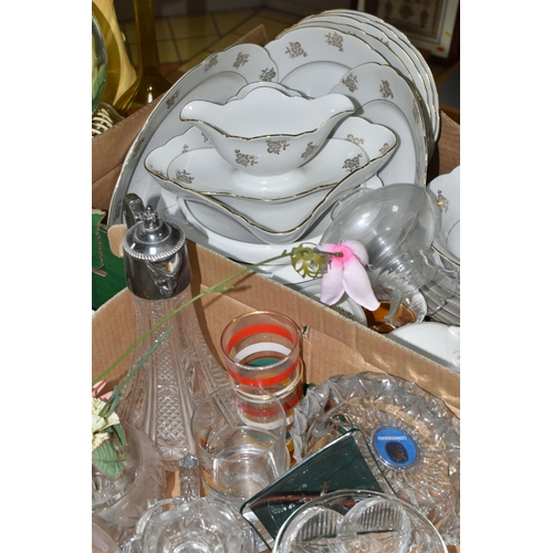 577 - FIVE BOXES AND LOOSE GLASSWARE AND CERAMICS to include a box of clear crystal cut glassware consisti... 