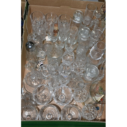 577 - FIVE BOXES AND LOOSE GLASSWARE AND CERAMICS to include a box of clear crystal cut glassware consisti... 