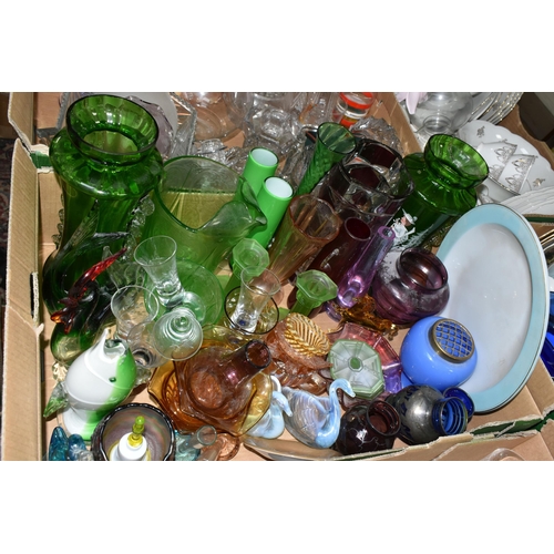 577 - FIVE BOXES AND LOOSE GLASSWARE AND CERAMICS to include a box of clear crystal cut glassware consisti... 