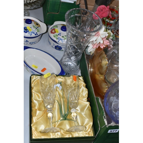 577 - FIVE BOXES AND LOOSE GLASSWARE AND CERAMICS to include a box of clear crystal cut glassware consisti... 