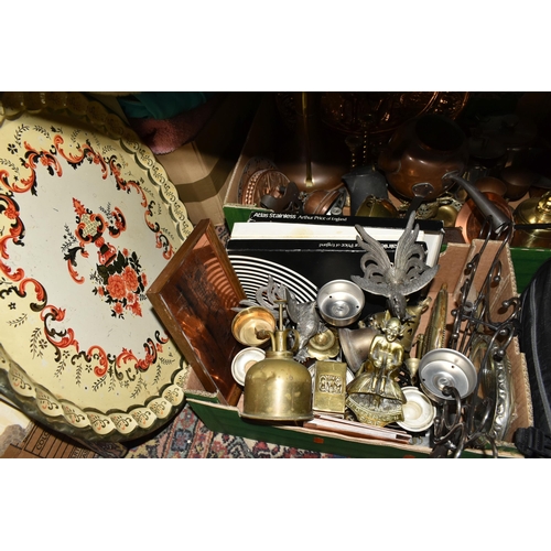 578 - TWO BOXES OF ASSORTED METALWARES, to include brass, copper, steel, and pewter items consisting a num... 