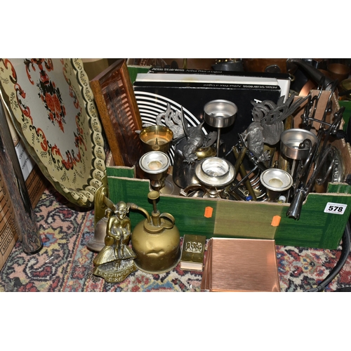 578 - TWO BOXES OF ASSORTED METALWARES, to include brass, copper, steel, and pewter items consisting a num... 