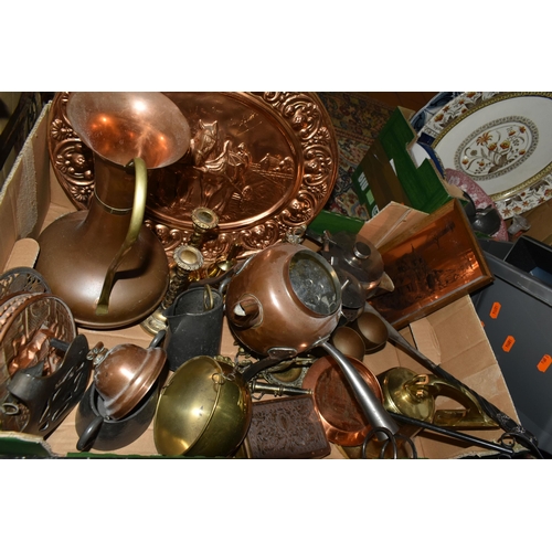 578 - TWO BOXES OF ASSORTED METALWARES, to include brass, copper, steel, and pewter items consisting a num... 