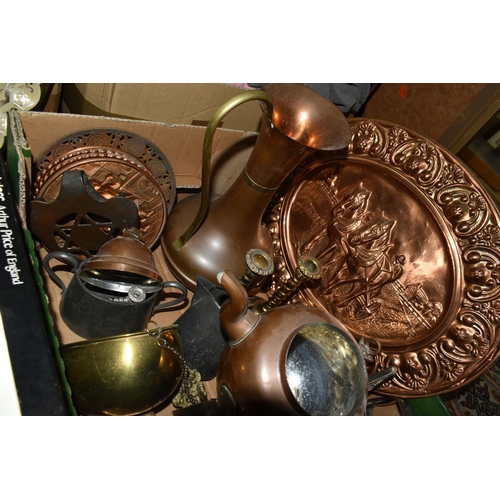 578 - TWO BOXES OF ASSORTED METALWARES, to include brass, copper, steel, and pewter items consisting a num... 