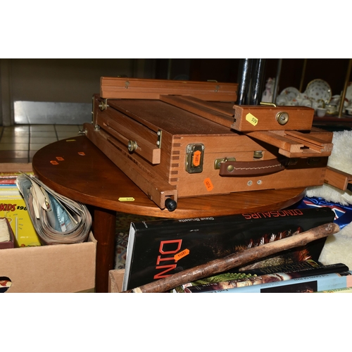 579 - SIX BOXES AND LOOSE OF BOOKS AND SUNDRY ITEMS, including  four walking canes, over thirty novelty pl... 