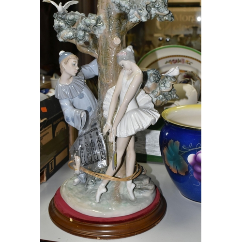 580 - TWO BOXES AND LOOSE CERAMICS, comprising a large Lladro table lamp depicting a boy clown and girl ba... 